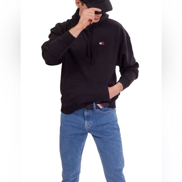 Tommy Hilfiger black Tommy logo hoodie kangaroo pockets/drawstring hood sz M - Picture 1 of 13